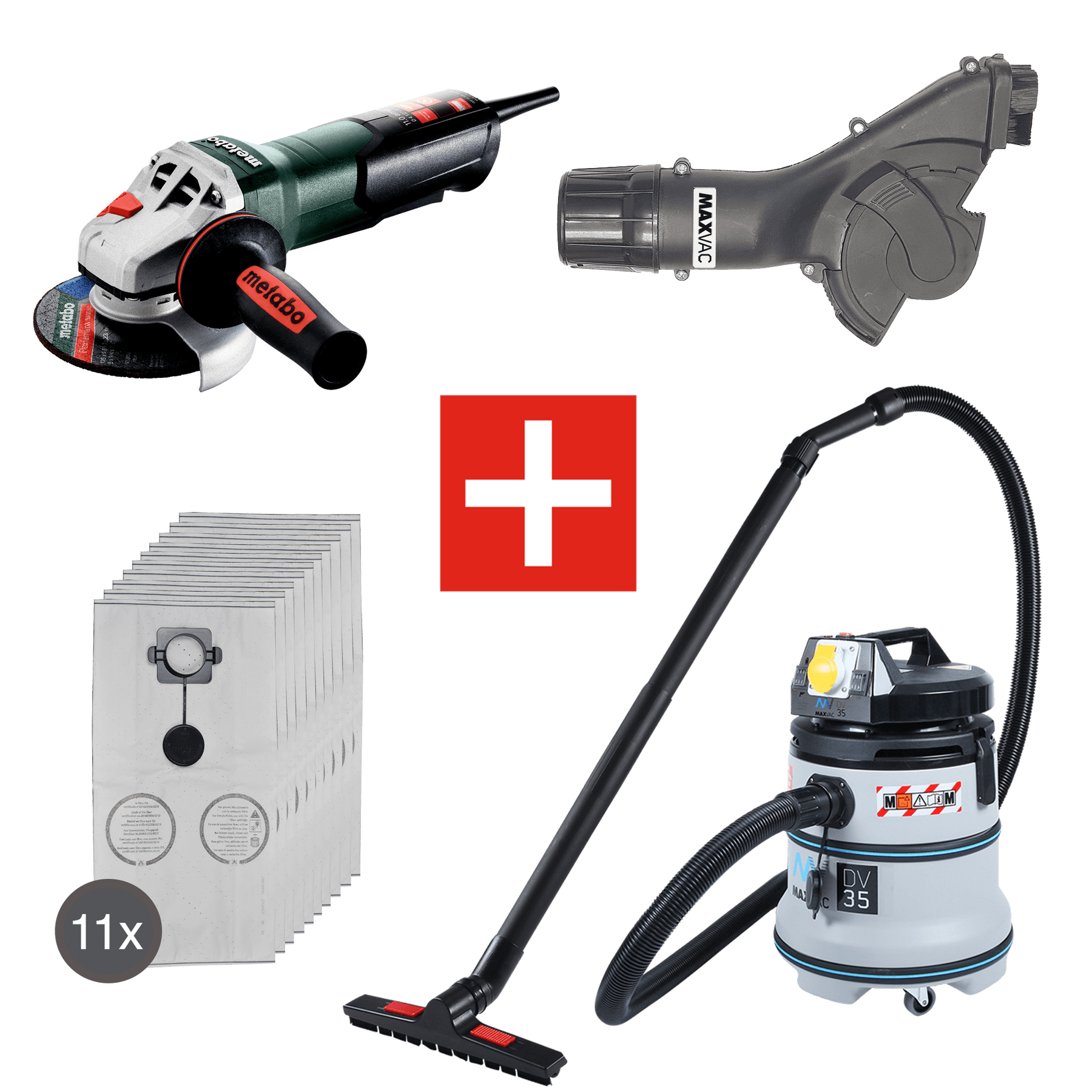 Metabo 4 1/2" (115mm) Angle Grinder, MAXVAC Dust Shroud & DV35-MBA Vacuum Complete Package, Pre-Installed